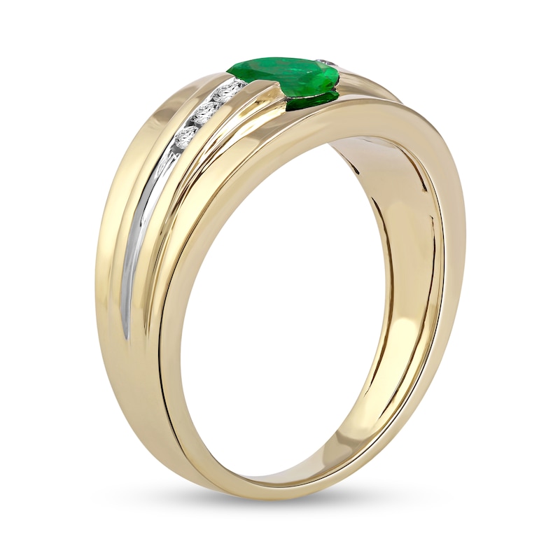 Men's Oval Emerald and 0.15 CT. T.W. Diamond Tri-Sides Grooved Band in 10K Two-Tone Gold