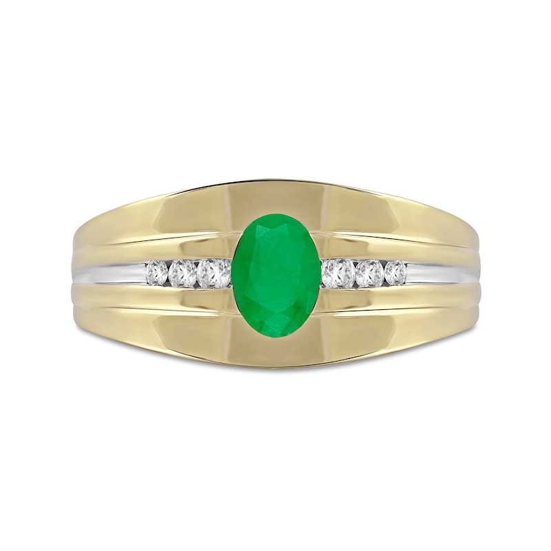 Men's Oval Emerald and 0.15 CT. T.W. Diamond Tri-Sides Grooved Band in 10K Two-Tone Gold