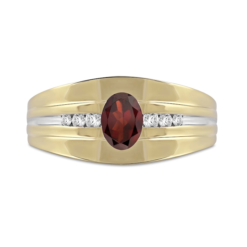 Men's Oval Garnet and 0.15 CT. T.W. Diamond Tri-Sides Grooved Band in 10K Two-Tone Gold