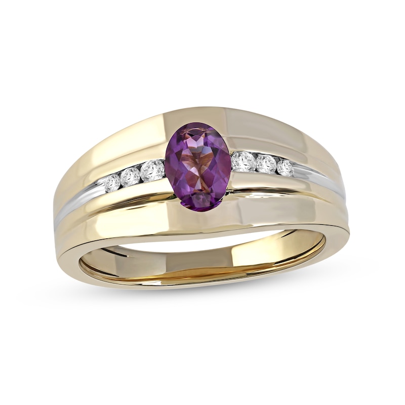 Men's Oval Amethyst and 0.15 CT. T.W. Diamond Tri-Sides Grooved Band in 10K Two-Tone Gold