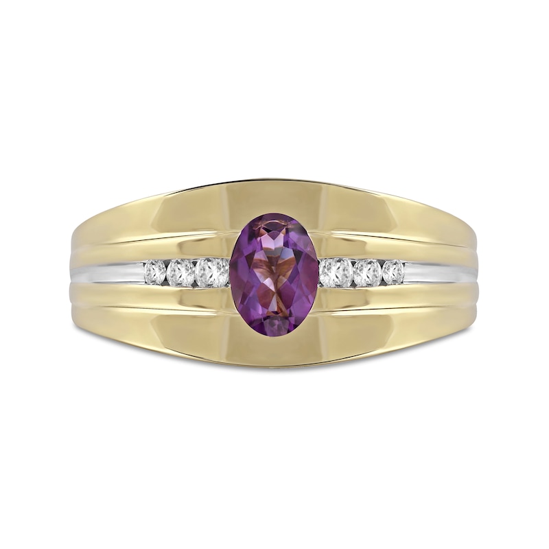 Men's Oval Amethyst and 0.15 CT. T.W. Diamond Tri-Sides Grooved Band in 10K Two-Tone Gold