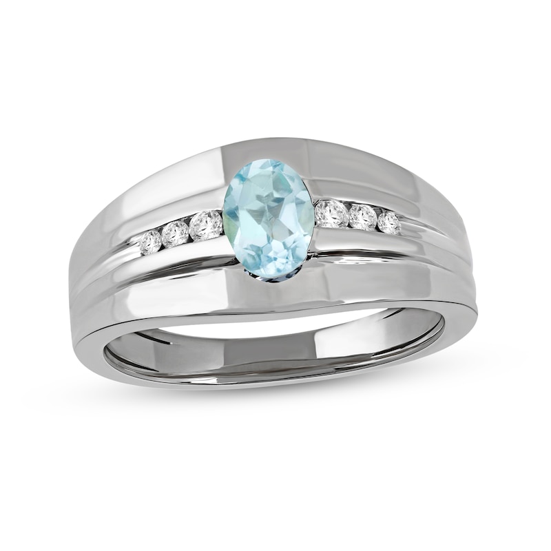 Men's Oval Aquamarine and 0.15 CT. T.W. Diamond Tri-Sides Grooved Band in 10K White Gold|Peoples Jewellers