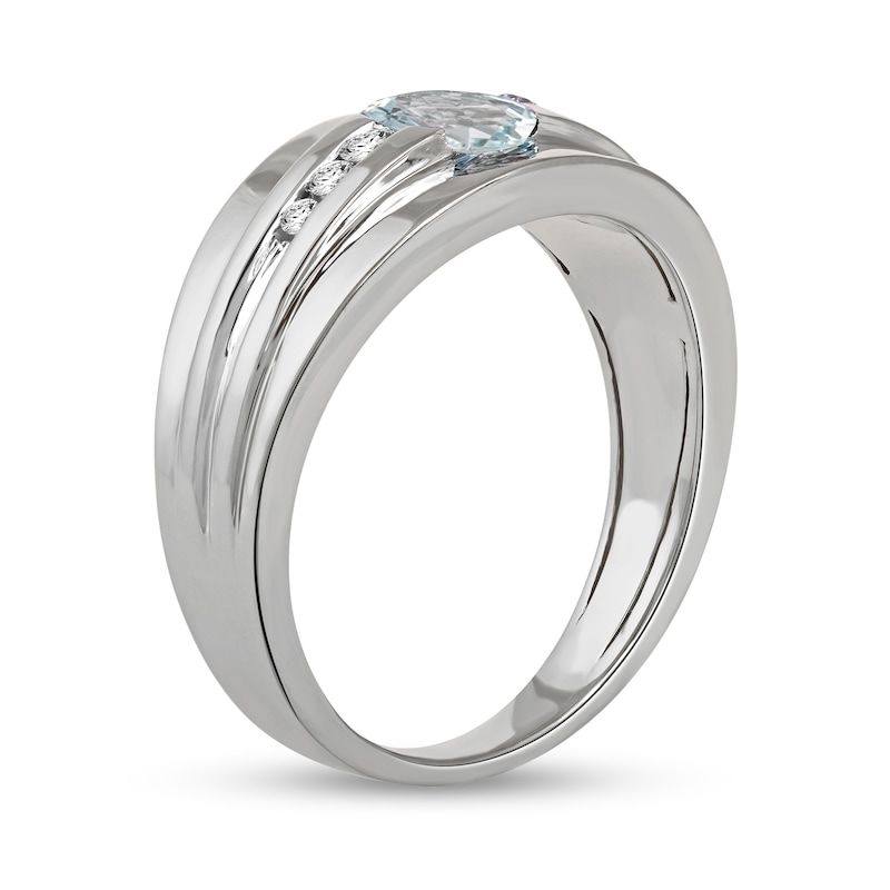 Men's Oval Aquamarine and 0.15 CT. T.W. Diamond Tri-Sides Grooved Band in 10K White Gold