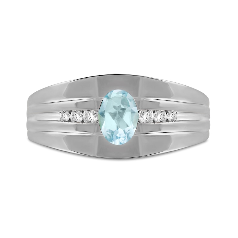 Men's Oval Aquamarine and 0.15 CT. T.W. Diamond Tri-Sides Grooved Band in 10K White Gold