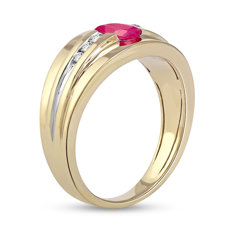 Men's Oval Ruby and 0.15 CT. T.W. Diamond Tri-Sides Grooved Band in 10K Two-Tone Gold