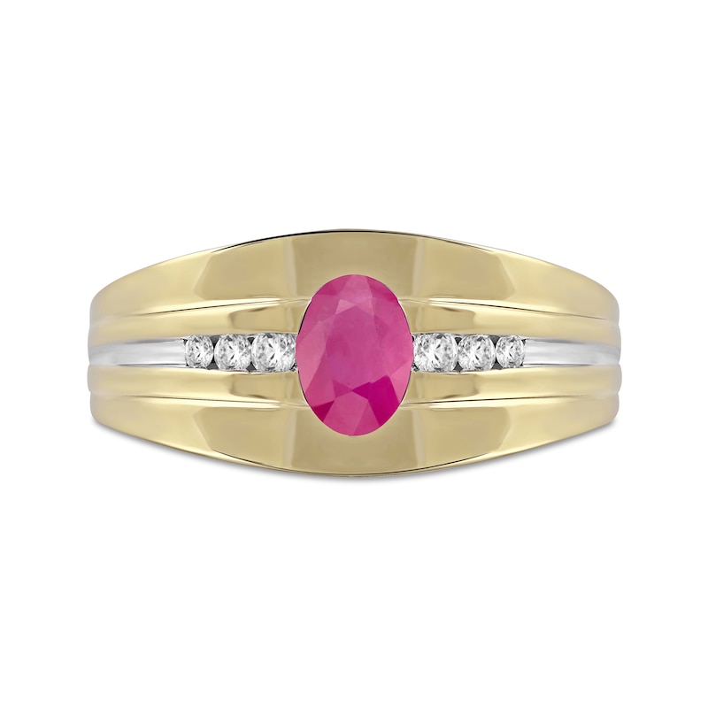 Men's Oval Ruby and 0.15 CT. T.W. Diamond Tri-Sides Grooved Band in 10K Two-Tone Gold