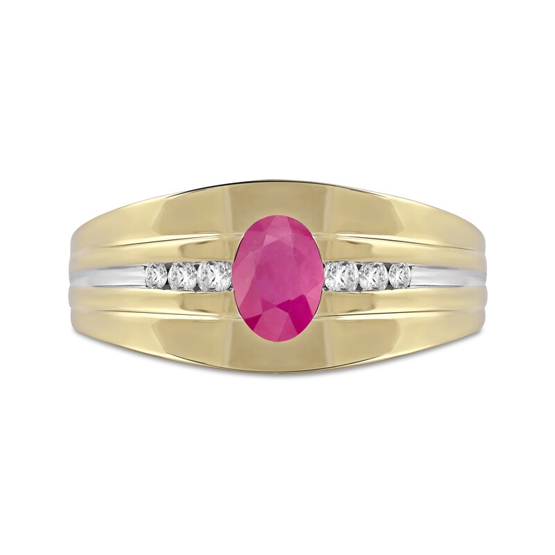 Men's Oval Ruby and 0.15 CT. T.W. Diamond Tri-Sides Grooved Band in 10K Two-Tone Gold