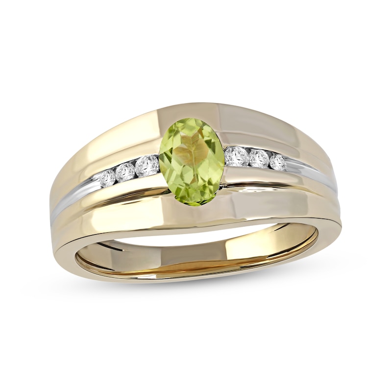 Men's Oval Peridot and 0.15 CT. T.W. Diamond Tri-Sides Grooved Band in 10K Two-Tone Gold