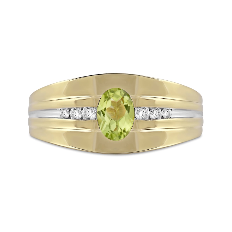 Men's Oval Peridot and 0.15 CT. T.W. Diamond Tri-Sides Grooved Band in 10K Two-Tone Gold