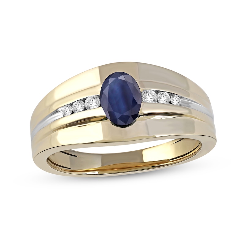 Men's Oval Blue Sapphire and 0.15 CT. T.W. Diamond Tri-Sides Grooved Band in 10K Two-Tone Gold|Peoples Jewellers