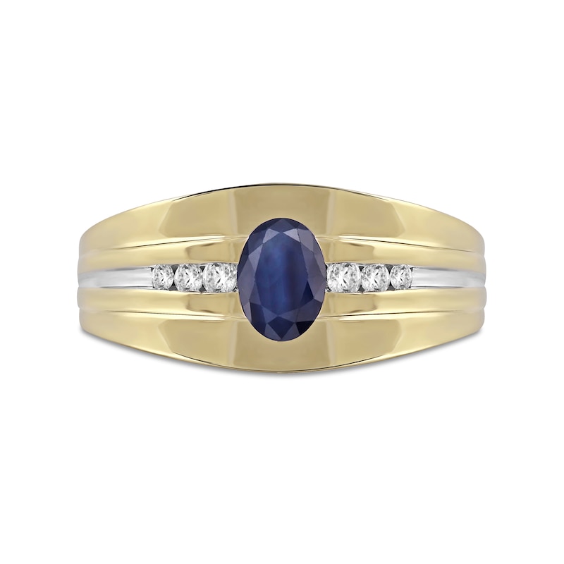Men's Oval Blue Sapphire and 0.15 CT. T.W. Diamond Tri-Sides Grooved Band in 10K Two-Tone Gold