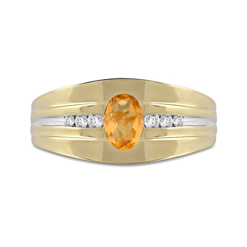Main Image 3 of Men's Oval Madeira Citrine and 0.15 CT. T.W. Diamond Tri-Sides Grooved Band in 10K Two-Tone Gold