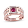 Thumbnail Image 0 of Men's 5.0mm Ruby and 0.12 CT. T.W. Diamond Side Accent Flat-Top Grooved Band in 10K Two-Tone Gold