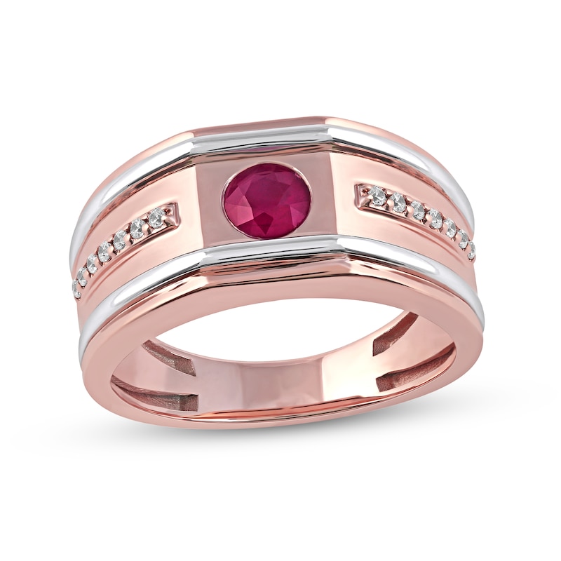 Men's 5.0mm Ruby and 0.12 CT. T.W. Diamond Side Accent Flat-Top Grooved Band in 10K Two-Tone Gold