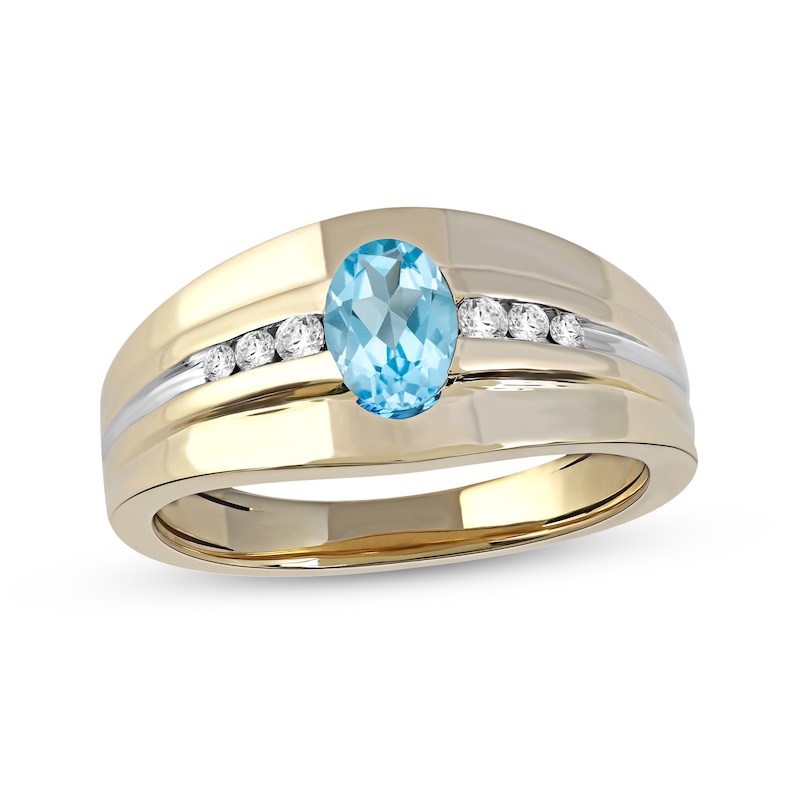 Men's Oval Swiss Blue Topaz and 0.15 CT. T.W. Diamond Tri-Sides Grooved Band in 10K Two-Tone Gold