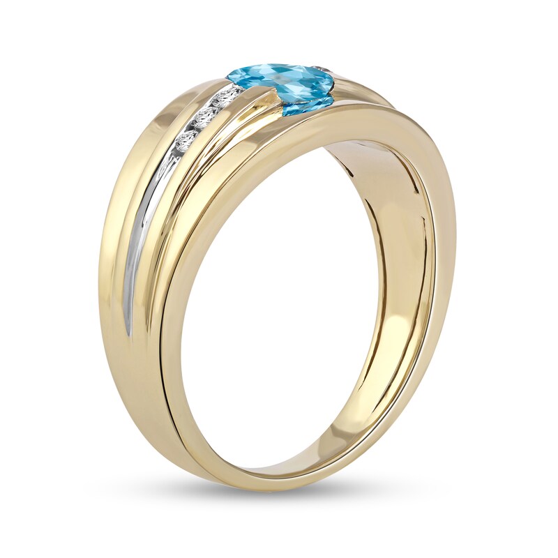 Men's Oval Swiss Blue Topaz and 0.15 CT. T.W. Diamond Tri-Sides Grooved Band in 10K Two-Tone Gold