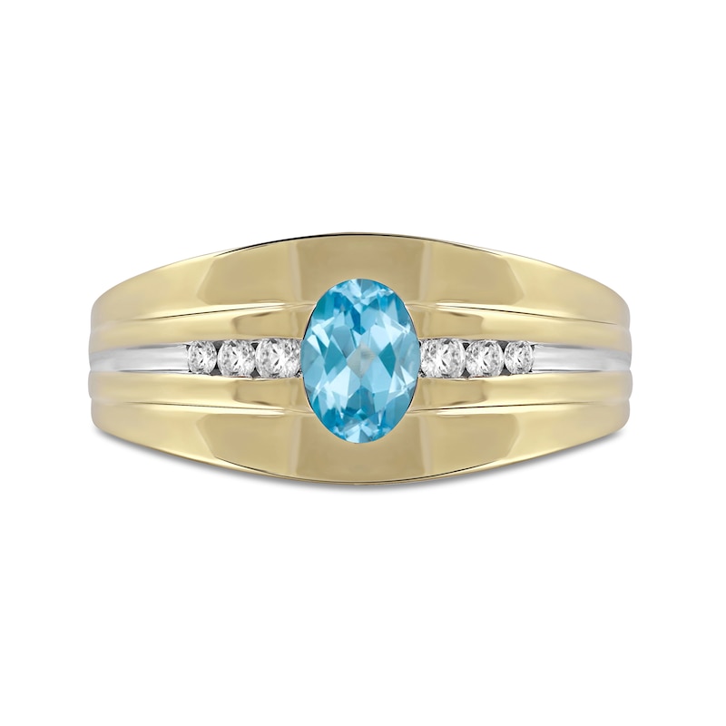 Men's Oval Swiss Blue Topaz and 0.15 CT. T.W. Diamond Tri-Sides Grooved Band in 10K Two-Tone Gold
