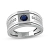 Thumbnail Image 0 of Men's 5.0mm Blue Sapphire and 0.12 CT. T.W. Diamond Side Accent Flat-Top Grooved Band in 10K White Gold