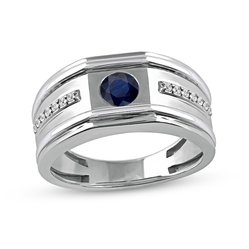 Men's 5.0mm Blue Sapphire and 0.12 CT. T.W. Diamond Side Accent Flat-Top Grooved Band in 10K White Gold|Peoples Jewellers