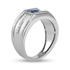 Thumbnail Image 1 of Men's 5.0mm Blue Sapphire and 0.12 CT. T.W. Diamond Side Accent Flat-Top Grooved Band in 10K White Gold