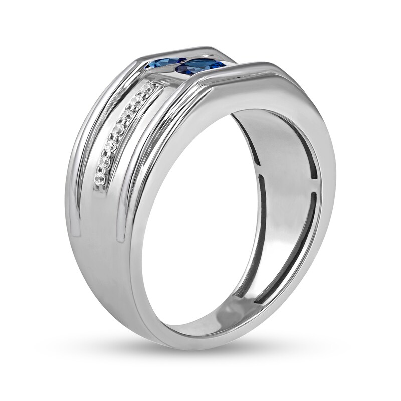 Men's 5.0mm Blue Sapphire and 0.12 CT. T.W. Diamond Side Accent Flat-Top Grooved Band in 10K White Gold