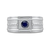 Thumbnail Image 2 of Men's 5.0mm Blue Sapphire and 0.12 CT. T.W. Diamond Side Accent Flat-Top Grooved Band in 10K White Gold