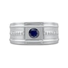 Thumbnail Image 2 of Men's 5.0mm Blue Sapphire and 0.12 CT. T.W. Diamond Side Accent Flat-Top Grooved Band in 10K White Gold