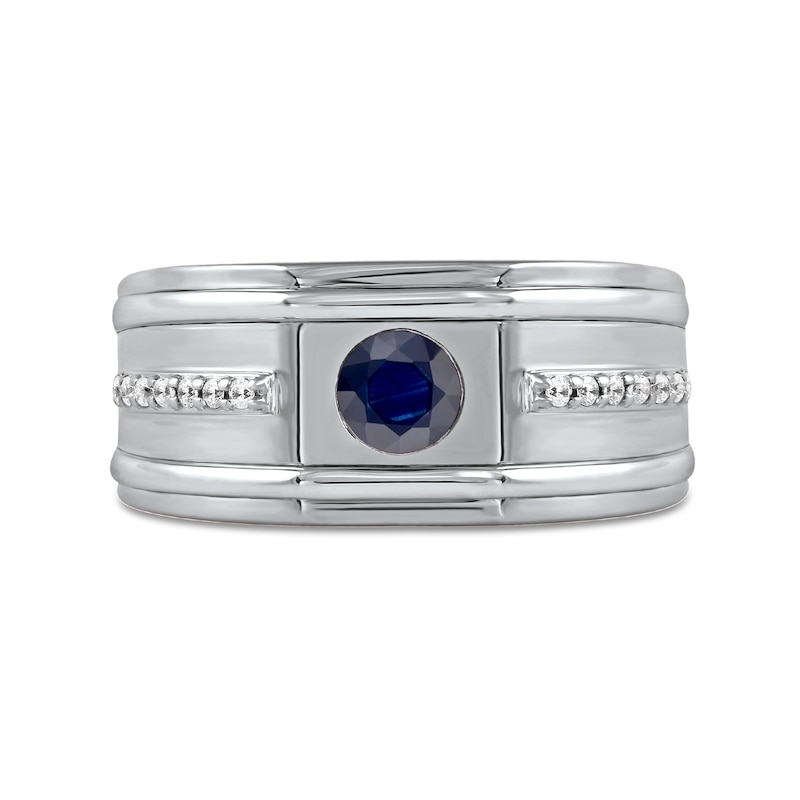 Men's 5.0mm Blue Sapphire and 0.12 CT. T.W. Diamond Side Accent Flat-Top Grooved Band in 10K White Gold