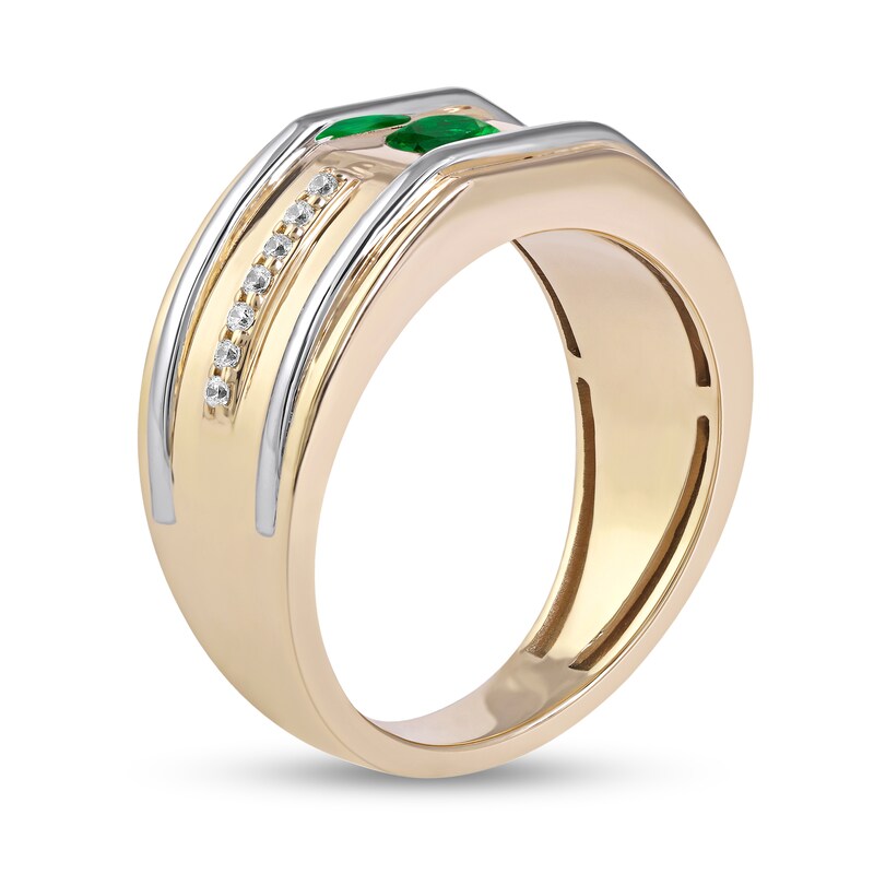 Men's 5.0mm Emerald and 0.12 CT. T.W. Diamond Side Accent Flat-Top Grooved Band in 10K Two-Tone Gold