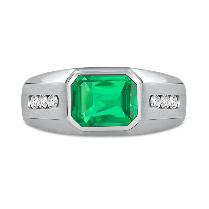 Sideways Octagonal Lab-Created Emerald and White Lab-Created Sapphire Tri-Sides Channel Band in Sterling Silver