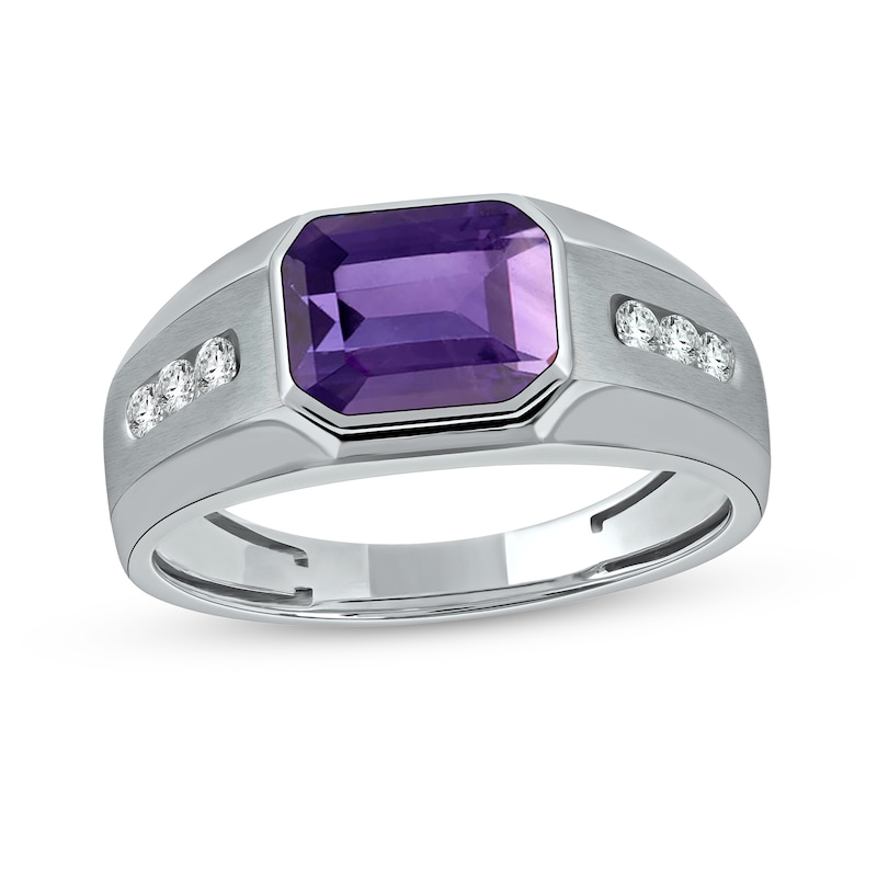 Main Image 1 of Men's Sideways Octagonal Amethyst and White Lab-Created Sapphire Tri-Sides Channel Band in Sterling Silver