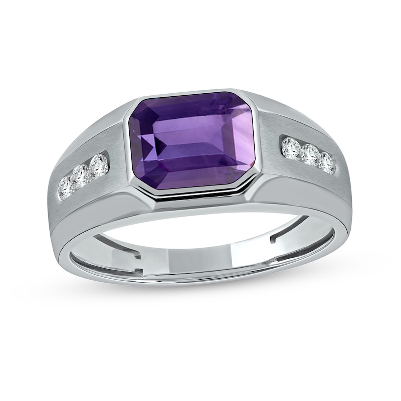 Men's Sideways Octagonal Amethyst and White Lab-Created Sapphire Tri-Sides Channel Band in Sterling Silver