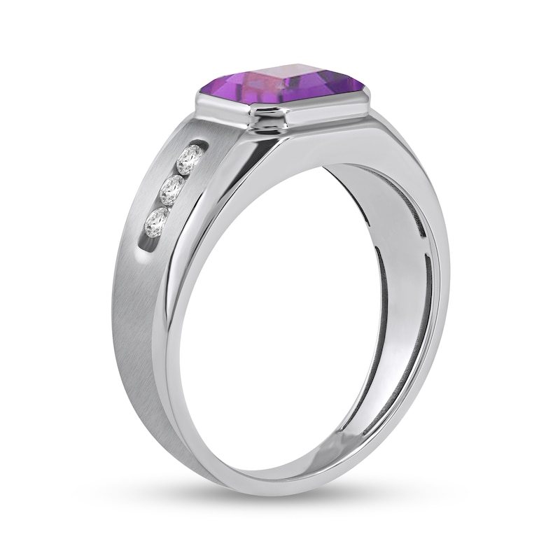 Men's Sideways Octagonal Amethyst and White Lab-Created Sapphire Tri-Sides Channel Band in Sterling Silver