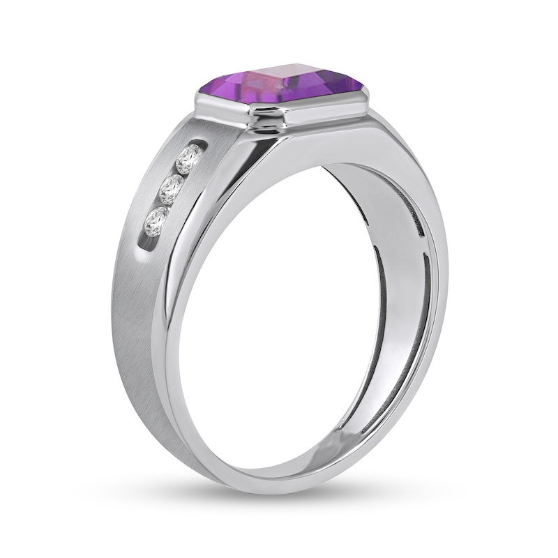 Main Image 2 of Men's Sideways Octagonal Amethyst and White Lab-Created Sapphire Tri-Sides Channel Band in Sterling Silver