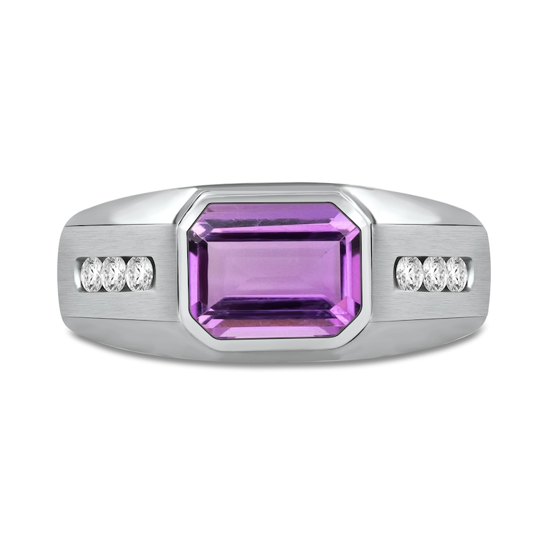 Men's Sideways Octagonal Amethyst and White Lab-Created Sapphire Tri-Sides Channel Band in Sterling Silver