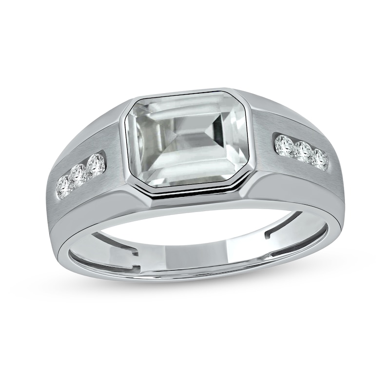 Men's Sideways Octagonal White Topaz and White Lab-Created Sapphire Tri-Sides Channel Band in Sterling Silver