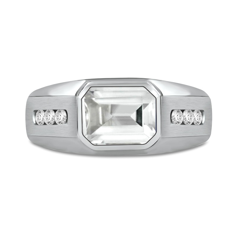 Men's Sideways Octagonal White Topaz and White Lab-Created Sapphire Tri-Sides Channel Band in Sterling Silver