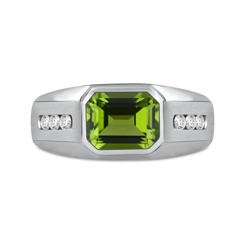 Main Image 3 of Men's Sideways Octagonal Peridot and White Lab-Created Sapphire Tri-Sides Channel Band in Sterling Silver