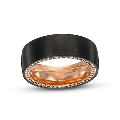 Men's Black Sapphire Outer Edge Brushed Wedding Band in Tungsten with Black and Rose Ion-Plate - Size 10