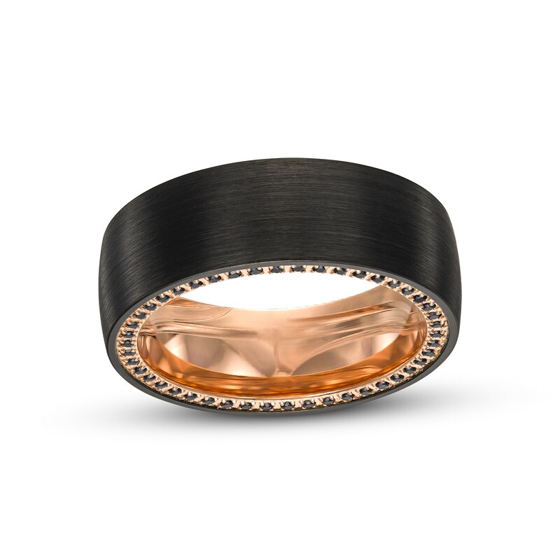 Men's Black Sapphire Outer Edge Brushed Wedding Band in Tungsten with Black and Rose Ion-Plate - Size 10