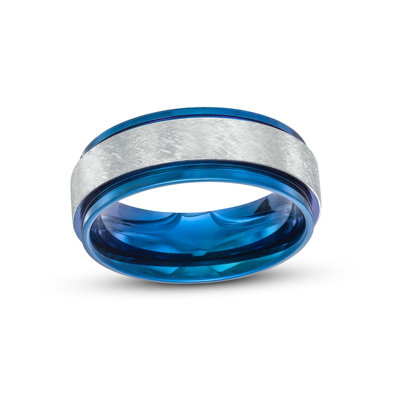 Men's 8.0mm Satin Stepped Edge Wedding Band in Stainless Steel and Blue Ion-Plate - Size 10