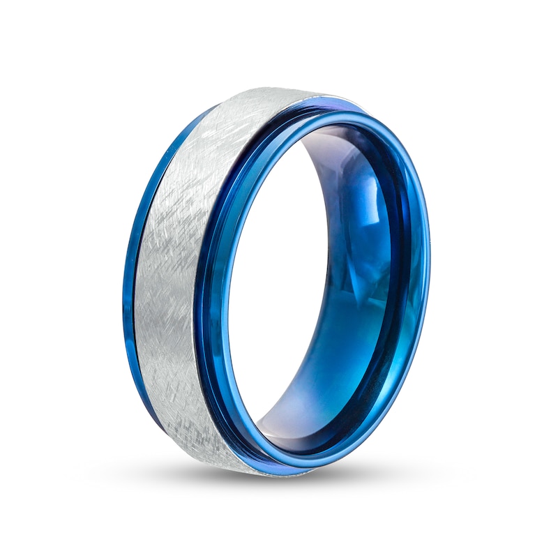 Men's 8.0mm Satin Stepped Edge Wedding Band in Stainless Steel and Blue Ion-Plate - Size 10