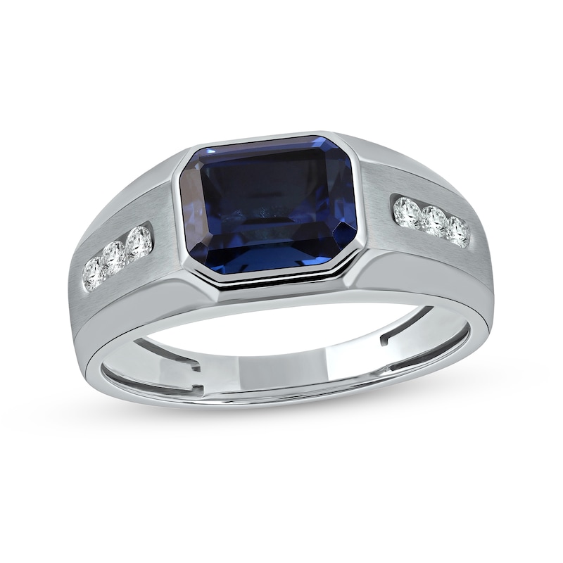 Men's Sideways Octagonal Blue and White Lab-Created Sapphire Tri-Sides Channel Band in Sterling Silver
