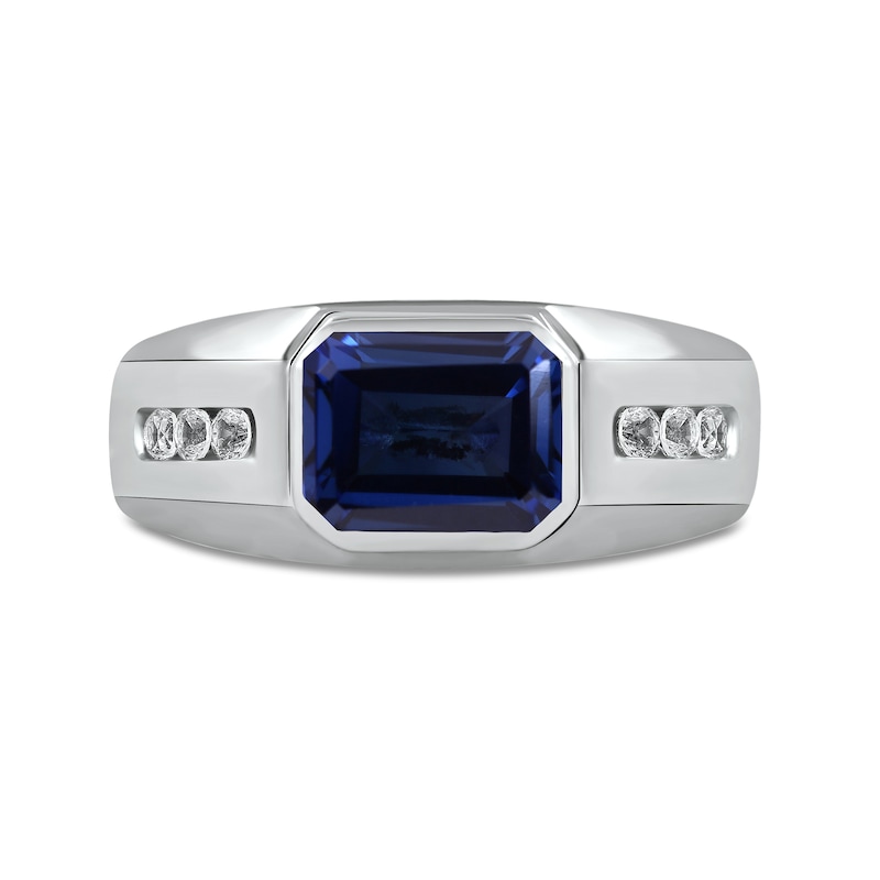 Men's Sideways Octagonal Blue and White Lab-Created Sapphire Tri-Sides Channel Band in Sterling Silver