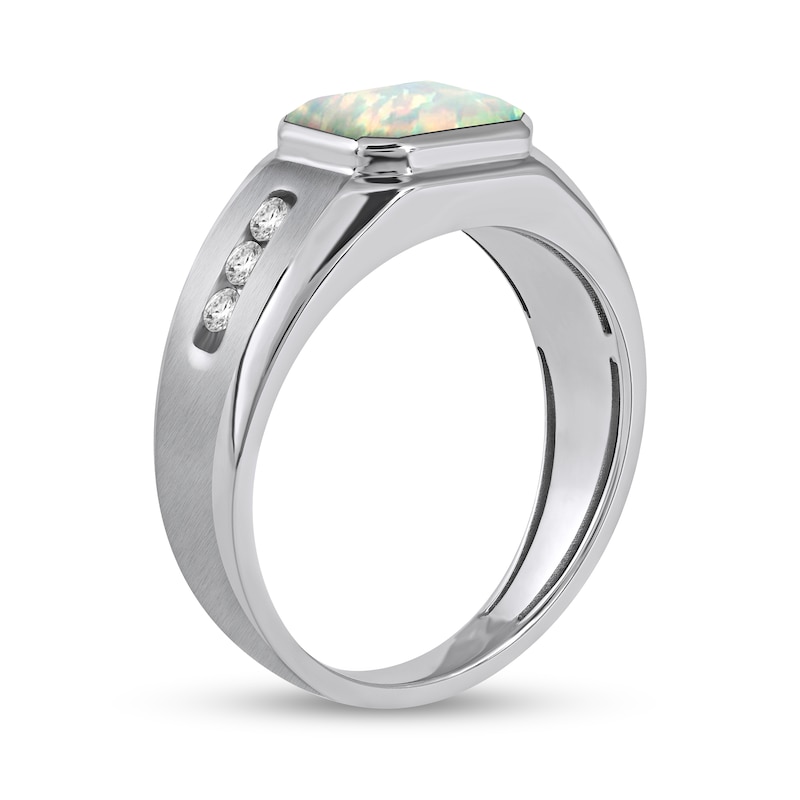 Main Image 2 of Sideways Octagonal Lab-Created Opal and White Lab-Created Sapphire Tri-Sides Channel Band in Sterling Silver