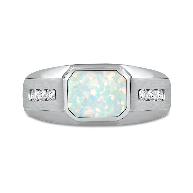 Main Image 3 of Sideways Octagonal Lab-Created Opal and White Lab-Created Sapphire Tri-Sides Channel Band in Sterling Silver