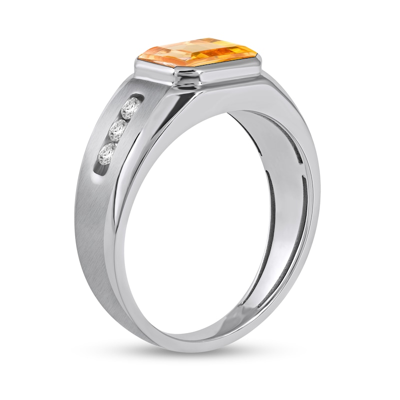 Men's Sideways Octagonal Citrine and White Lab-Created Sapphire Tri-Sides Channel Band in Sterling Silver