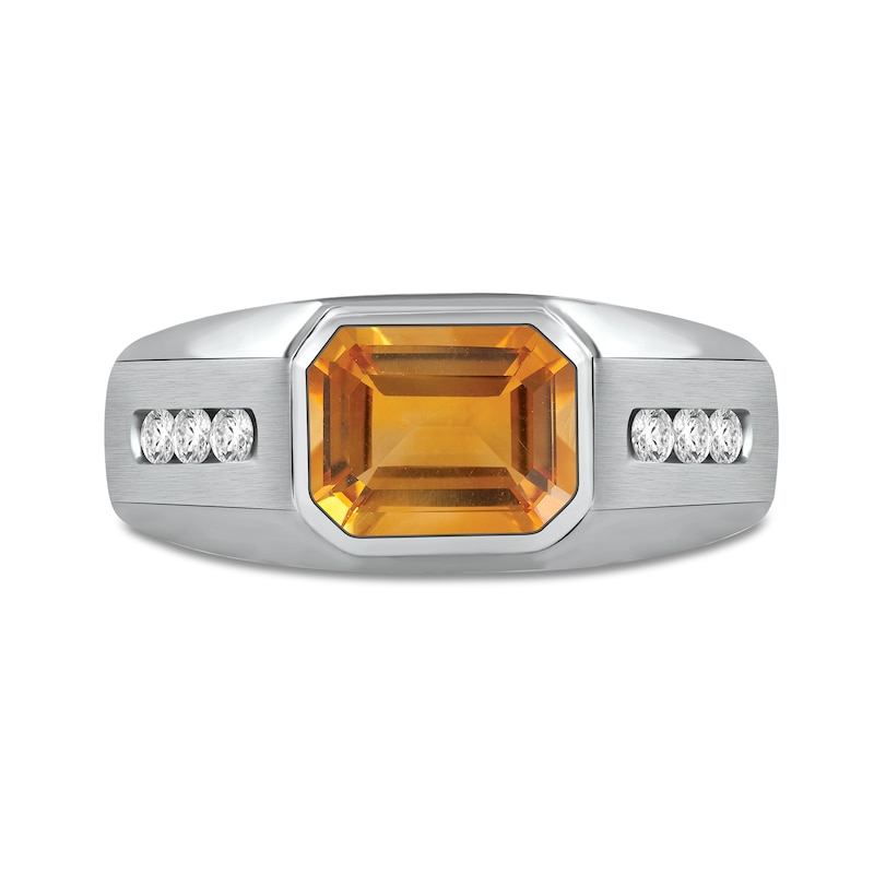 Men's Sideways Octagonal Citrine and White Lab-Created Sapphire Tri-Sides Channel Band in Sterling Silver