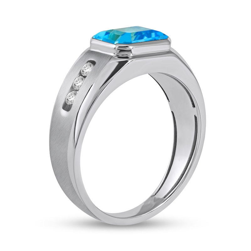 Men's Sideways Octagonal Swiss Blue Topaz and White Lab-Created Sapphire Tri-Sides Channel Band in Sterling Silver