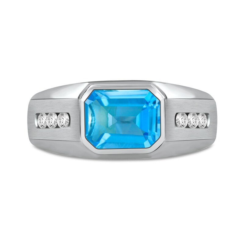 Men's Sideways Octagonal Swiss Blue Topaz and White Lab-Created Sapphire Tri-Sides Channel Band in Sterling Silver